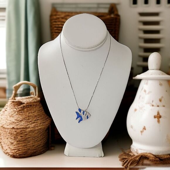 Tropical Fish Angelfish Pendant Necklace Pave Crystal Blue Clear Silver Tone - Picture 15 of 16